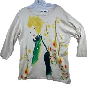 Vintage Hot Mustard Art To Wear Shirt Women's XL Sequins Eclectic Artsy Retro